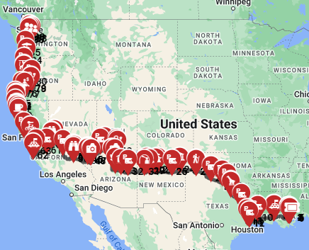 Map for New Orleans to Seattle - including The Grand Canyon and Yosemite